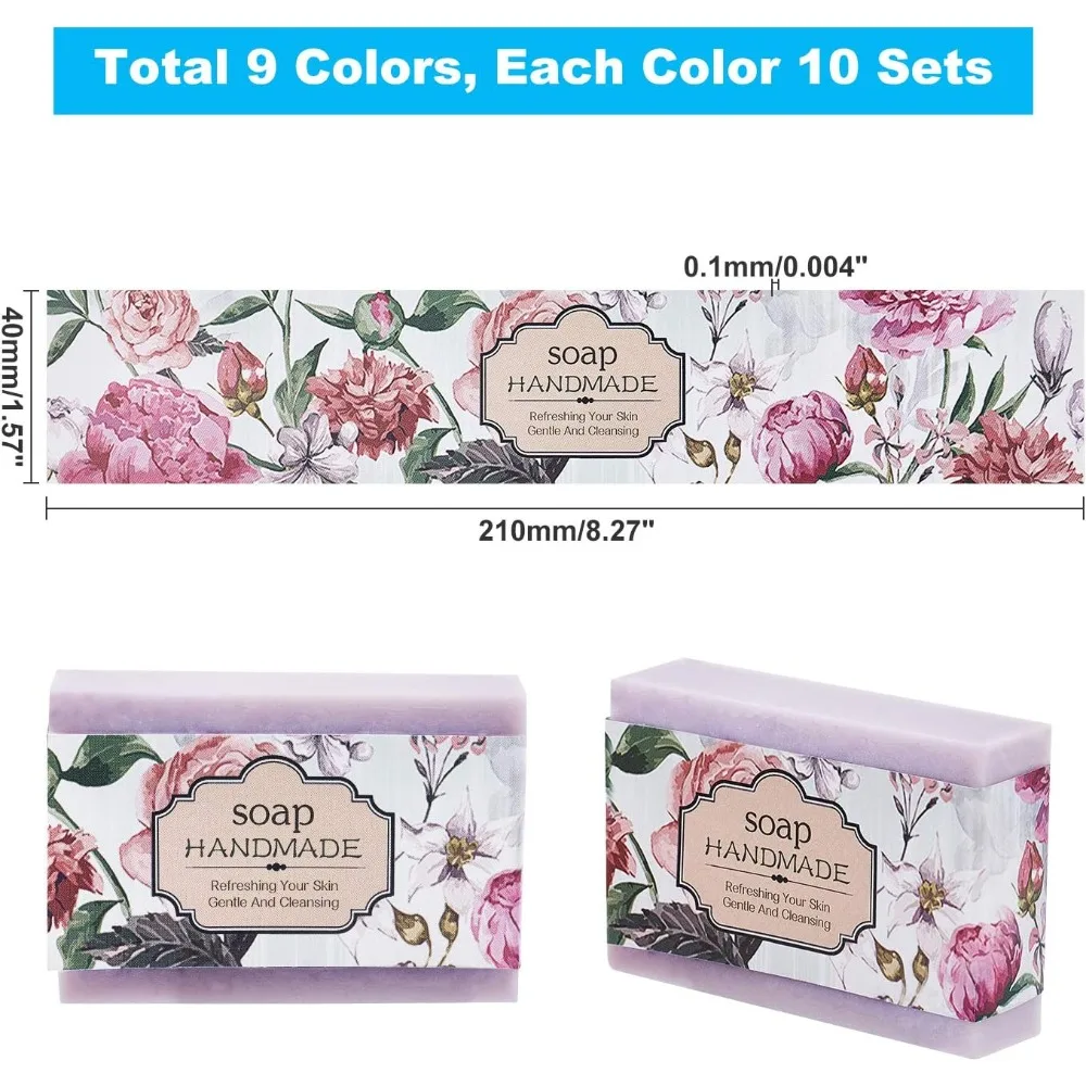 90pcs Soap Wrapper 9 Style Flower Wrap Paper Tape Vertical Soap Paper Tag Soap Sleeves Covers for Christmas Homemade