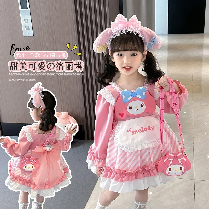 New Sanrio Cosplay Melody Pink Lolita Princess Dress Summer Children'S Costume Dress Puffy Skirt Suit Cute Girl Birthday Gift