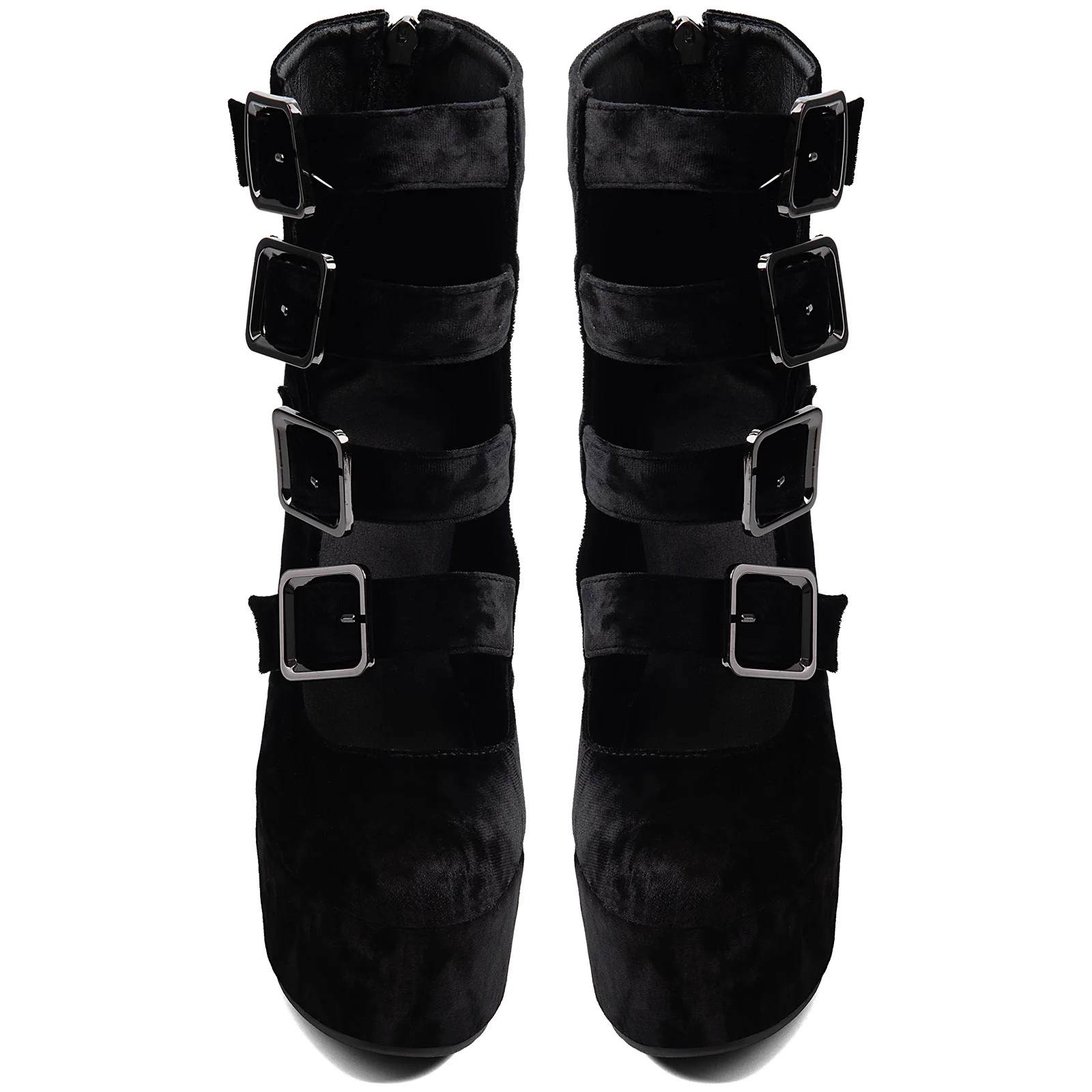 Black Velvet Round Toe Platform Ankle Boots Women Buckle Cutout Chunky Block Heel Back Zip Gothic Punk Shoes