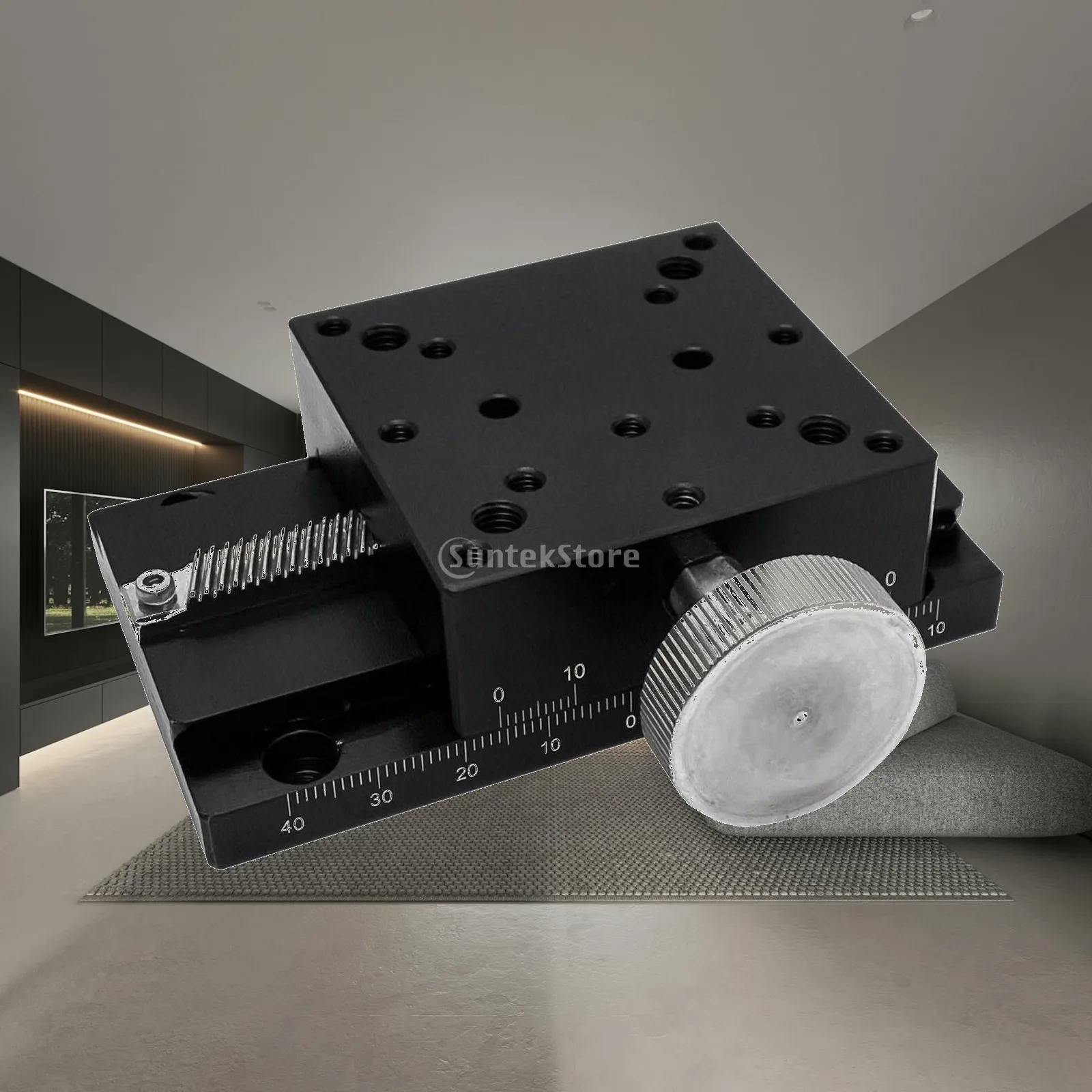 Lab Stage Linear Slide Manual Positioning Axis Rack Pinion Control Black Anodized Base Perforated Mounting Plate
