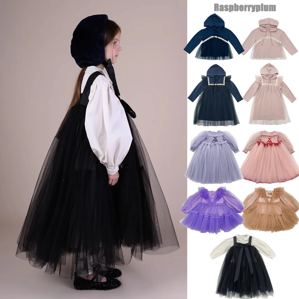 

Girl Dress 2024 New Autumn and Winter Mesh Gauze Skirt With Hooded Pants Set Girls Slip Dress Children's Clothing