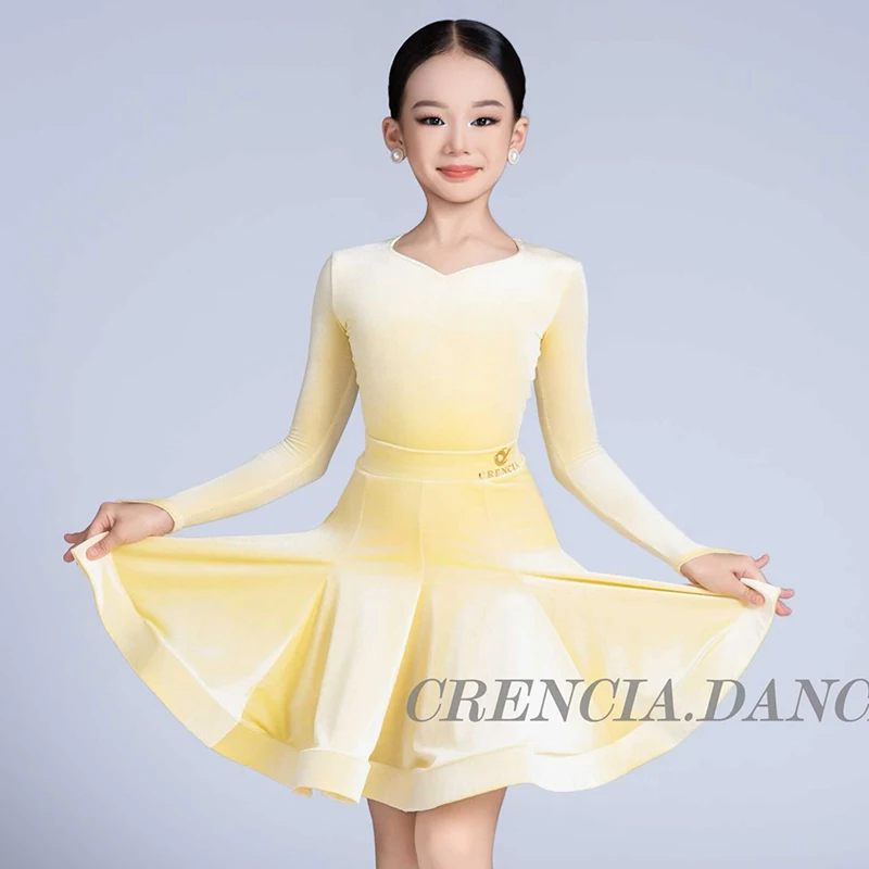 Competition Clothing National Standard Dance Practice Show Dress Light Yellow Latin Dance Dress Girls Kids Cha Cha Dance