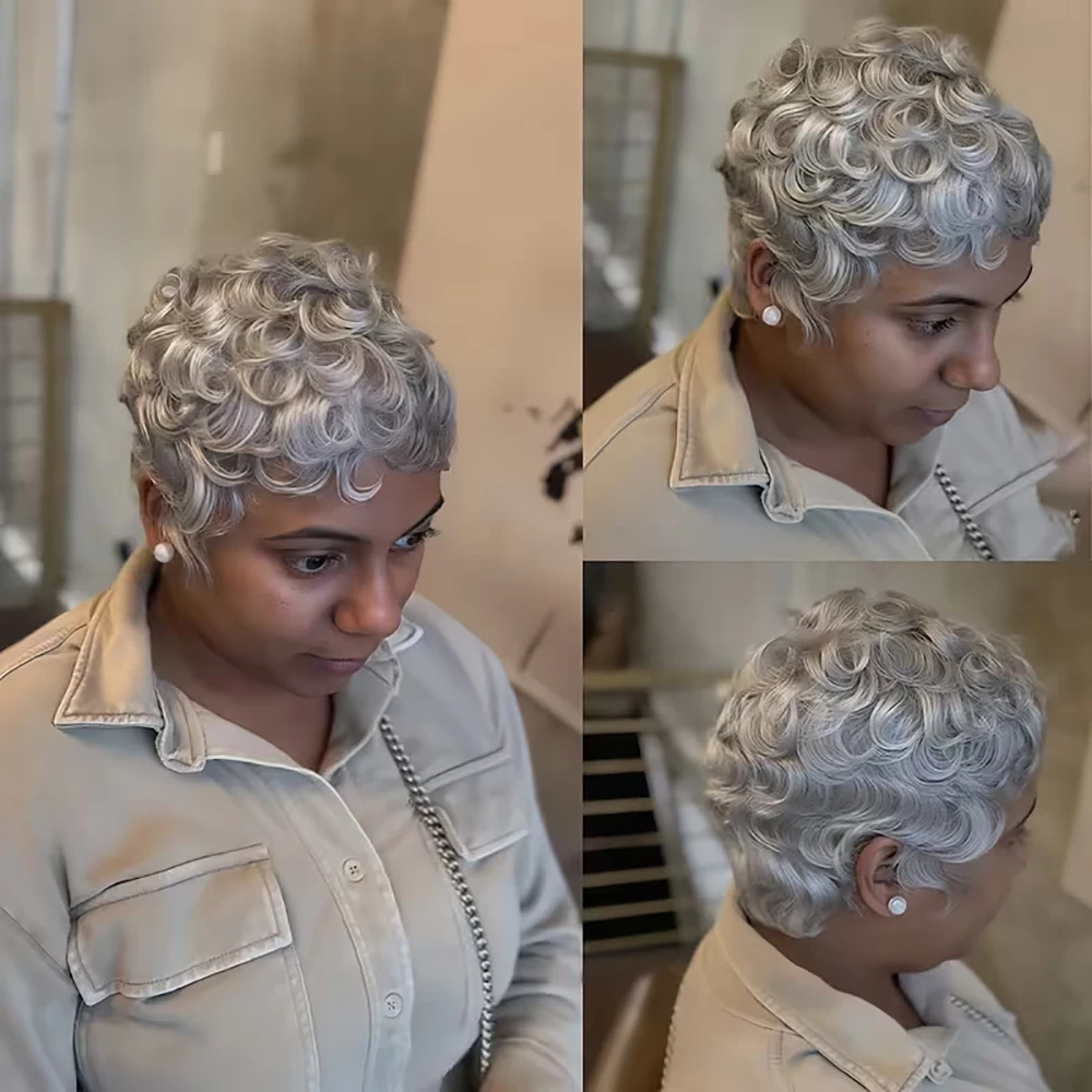 رمادي قصير عابث قطع الباروكات شعر الإنسان البيض مجعد الباروكات مع الانفجارات قبل قطعها للنساء البرازيلي شعر ريمي كامل آلة صنع قبعة