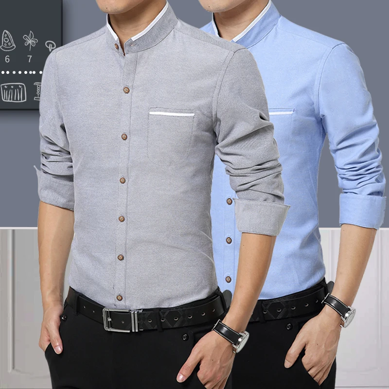 

Мужская рубашка с длинным рукавом, воротником-стойкой, приталенного кроя, в китайском стиле, повседневная, из оксфордской ткани, не требующая глажки, в британском стиле, однотонная.