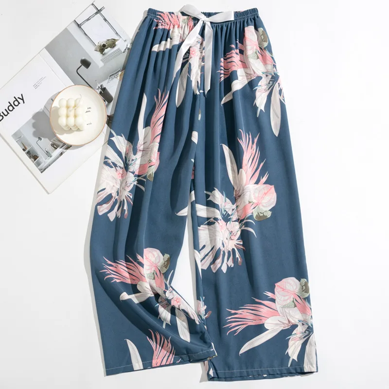 Spring Summer Women's Thin Cotton Silk Pajama Pants Comfortable Loose Print Wide Leg Pants Home Air Conditioning Trousers