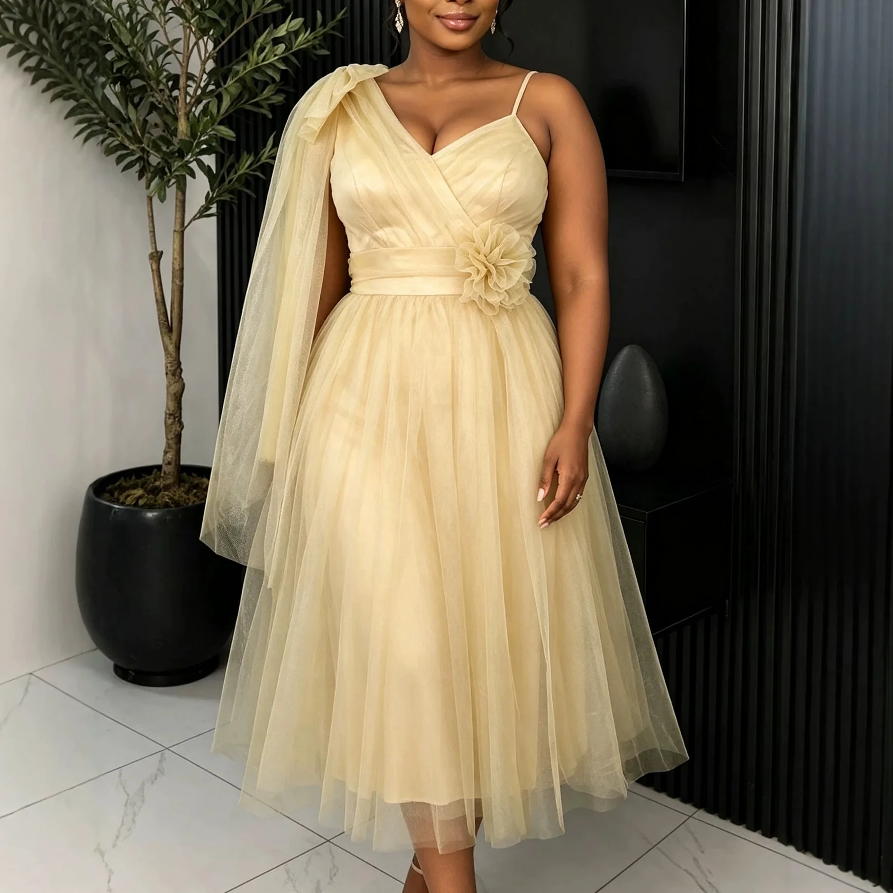 Africa One-Shoulder Suspender Mesh Dresses V Neck 3D Flower A Line High Waist Pleated Party Gown Bridesmaid Wedding Guest Dress