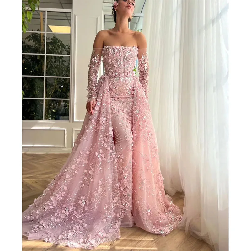 Off Shoulder Romantic Evening Dresses Sequins Mermaid Prom Gowns with Overskirts Appliques Long Sleeve Custom Made Party Dress