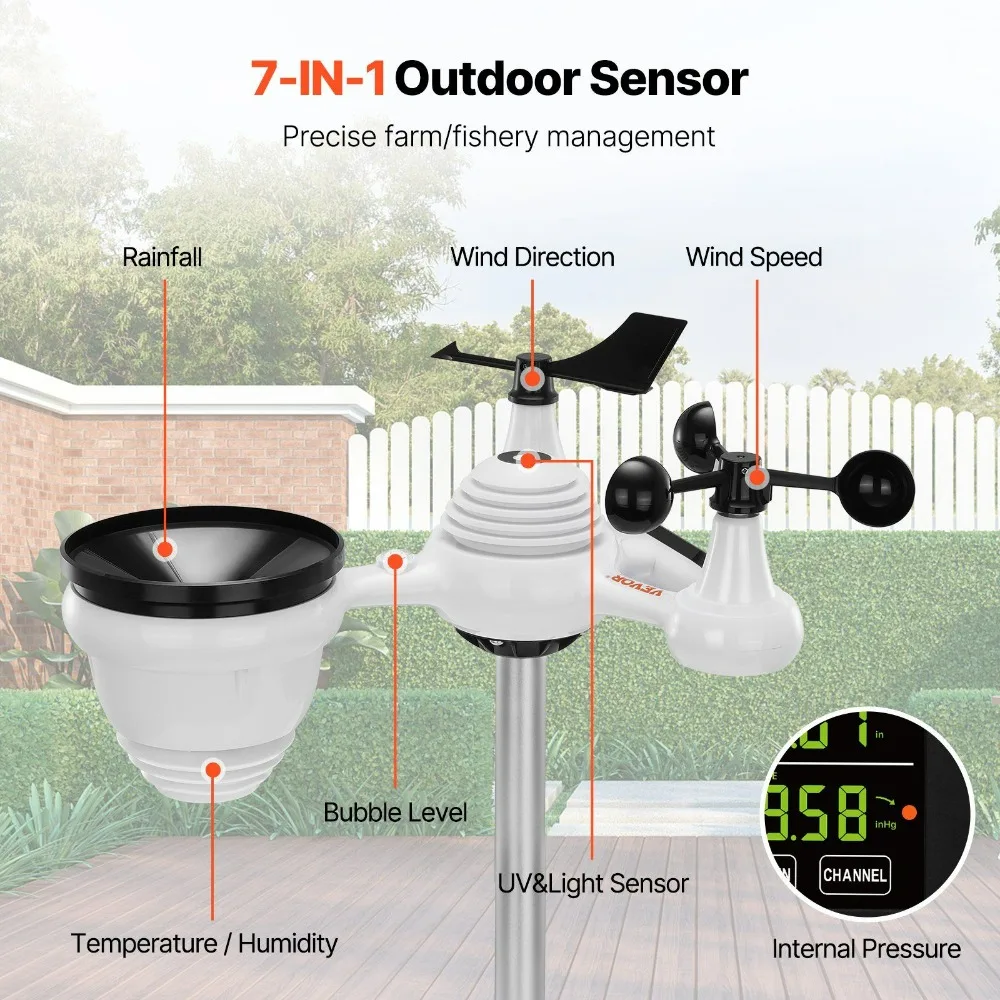 7-in-1 Wireless Weather Station, 7.5 in Large Color Display, Digital Home Weather Station Indoor Outdoor