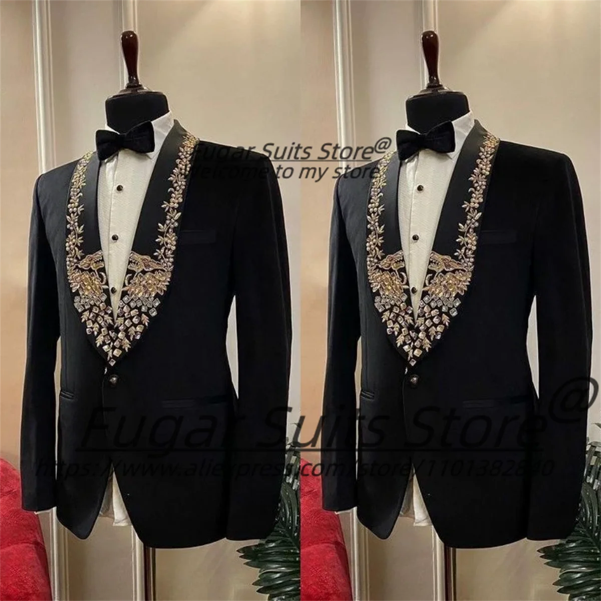 

Роскошные черные мужские костюмы с блестящими стразами, свадебные смокинги для жениха, приталенный крой, шаль-воротник, комплект из 2 предметов, мужские пиджаки для вечеринок, Ropa Hombre
