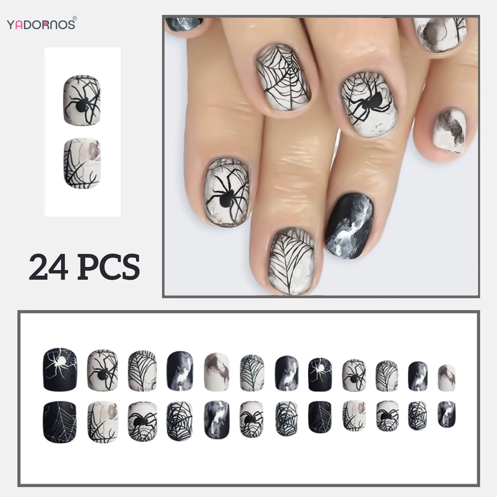 أظافر زائفة بالأبيض والأسود ، أطراف أظافر مزيفة دائرية قصيرة ، تصاميم شبكة العنكبوت ، اضغط على مسمار لحفلة هالوي ، قابل للارتداء ، تلطيخ ، 24 *