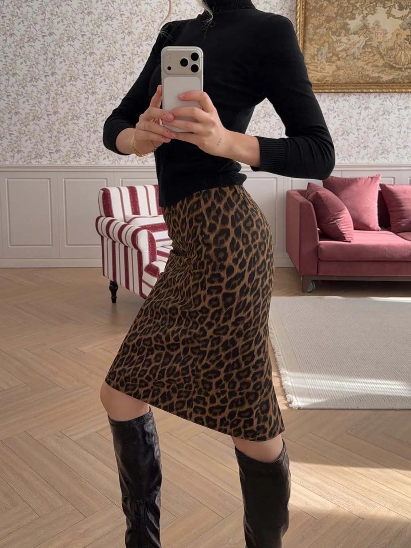 Hugcitar Fashion Leopard Print High Waist Sexy Slit Midi Skirt Women Elegant Clothes Streetwear Party Club Wholesale