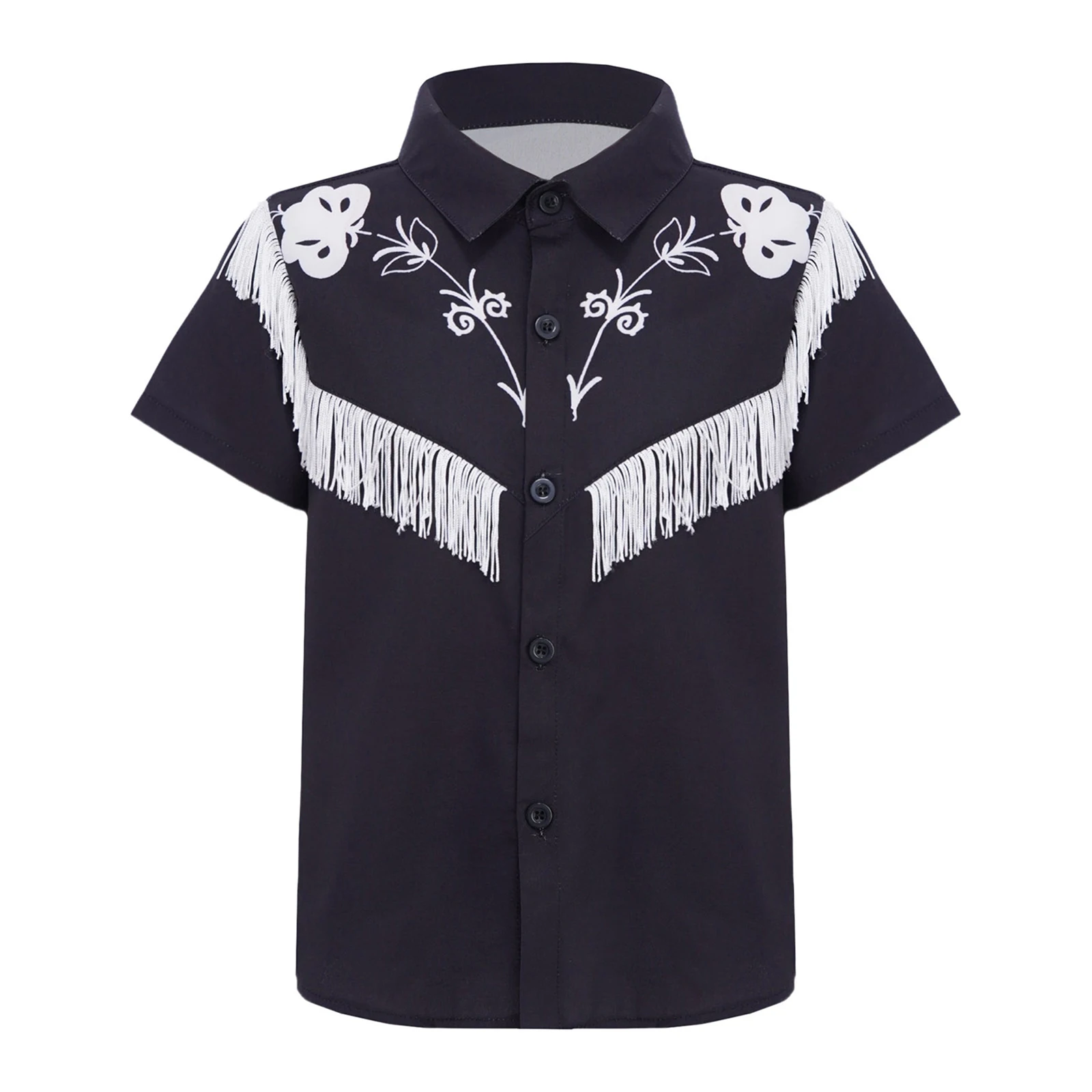 

Kids Boys Shirt Floral Printed Fringed Turn-Down Collar Short Sleeve Button T-shirt Top for Birthday Party Dance Cowboy Dress up