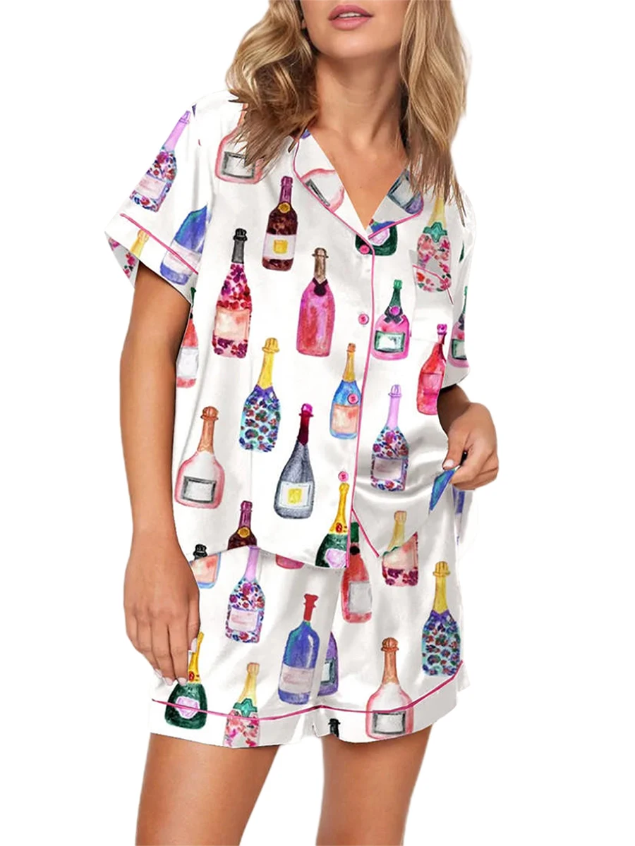 FUFUCAILLM  2 Piece Pajama Set y2k Women Wine Bottle Print Lapel Collar Single Breasted Short Sleeve Shirt and Shorts Loungewear