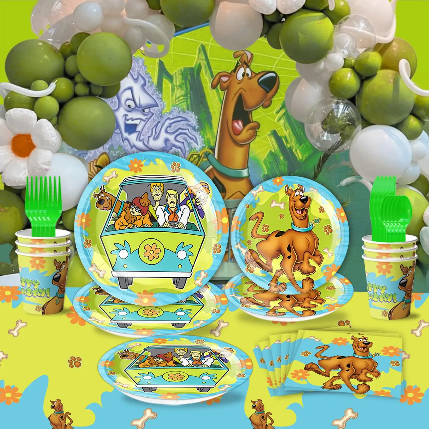 Scooby Cartoon Dog Birthday Party Supplies Disposable Tableware Plate Cup Napkin Latex Balloon Cake Topper Kid Birthday Party