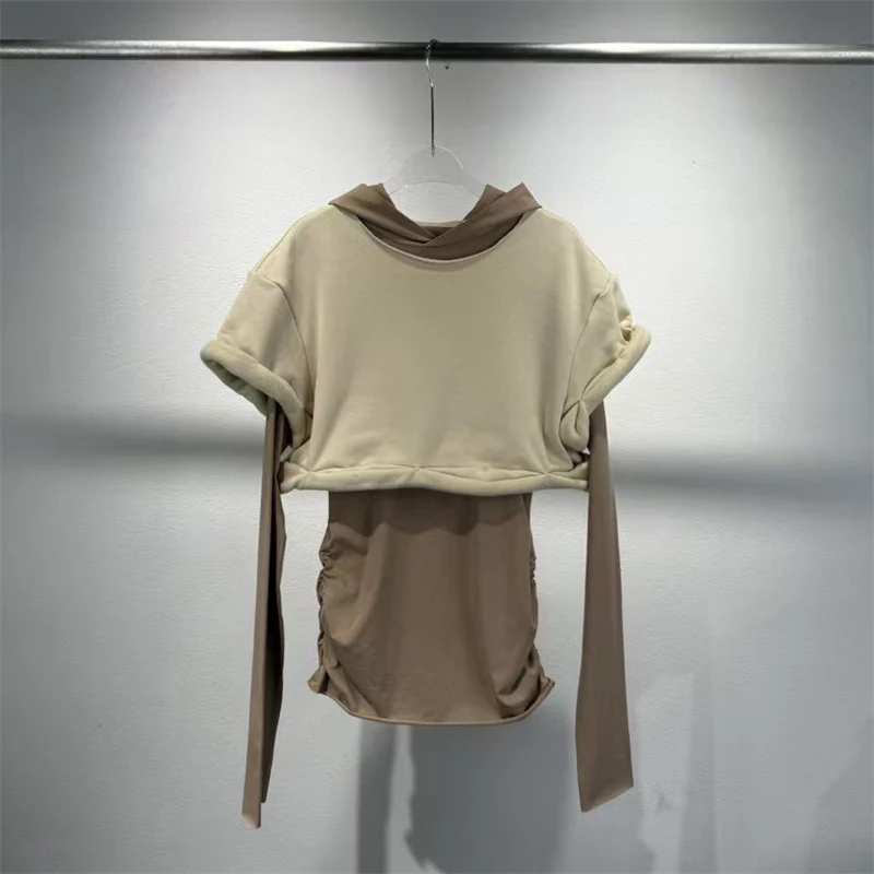 

Новый женский комплект из двух предметов: модный укороченный худи с длинным рукавом и цветными блоками, облегающий крой, повседневный уличный стиль, весна-лето