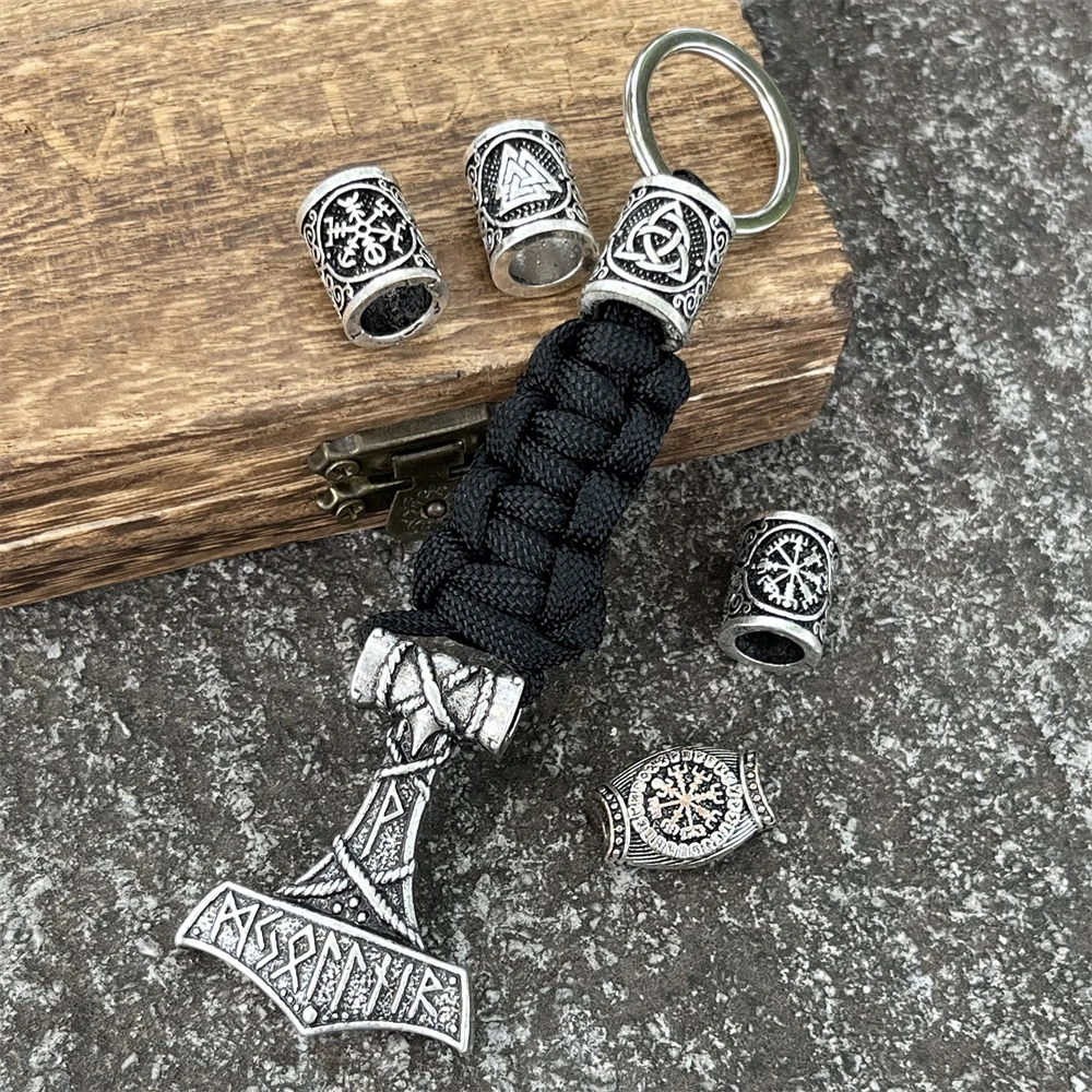 Nostalgia Norse Mythology Runic Runes Thor Hammer Keychain Mjolnir Jewelry Trinity Valknut Vegvisir Bead Paracord Viking Keyring