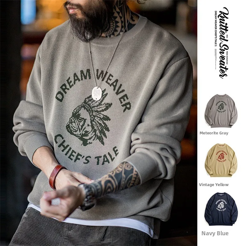 

Мужской свитер Maden American Retro Color Blo из льняной пряжи с круглым вырезом и надписью, осенний, повседневный