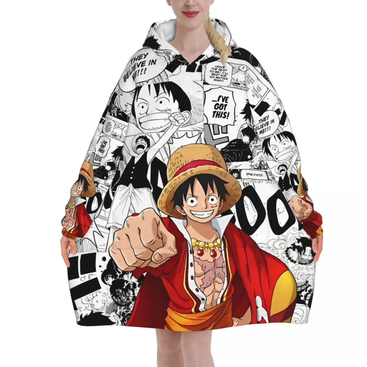 Oversized One Piece Anime Manga Luffy Wearable Deken Cadeaus voor Vrouwen Mannen Ultrasoft Pluche Warm Sweatshirt Dekens Met Zak