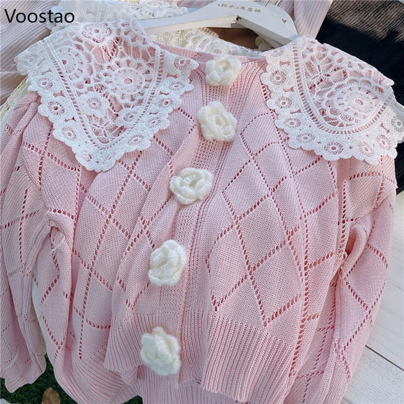 Dolce stile Lolita Cardigan lavorato a maglia donna Kawaii pizzo colletto Peter Pan bottone floreale maglione allentato cappotto ragazze Harajuku