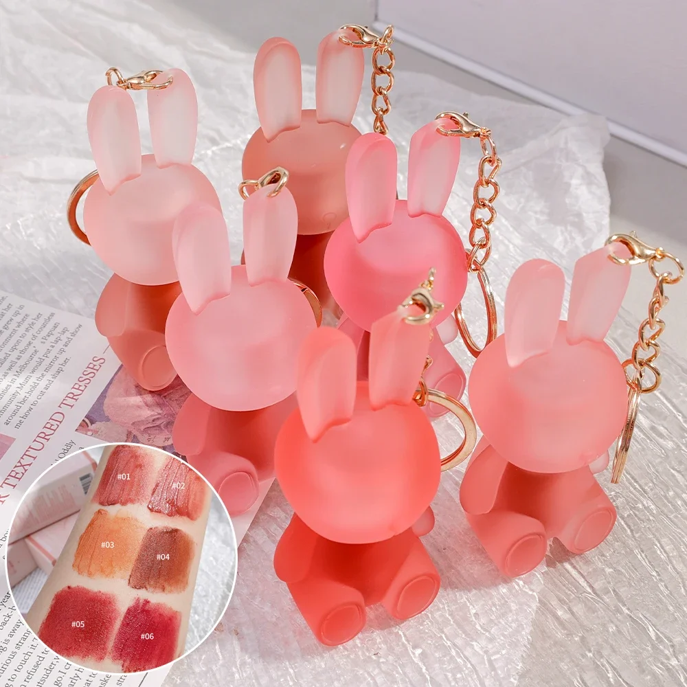 Cute Rabbit Keychain Lip Glaze 12 Color Long Lasting Moisturized Non-stick Cup Matte Velvet Liquid Lipstick Tint Korean Cosmetic