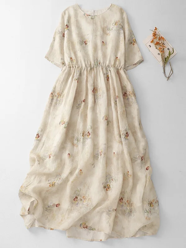 

Retro Chinese Sle Large Size Cotton Linen Dr Floral Print Five-Quarter Sve Waist-Cinched Long Dr Commute Sle