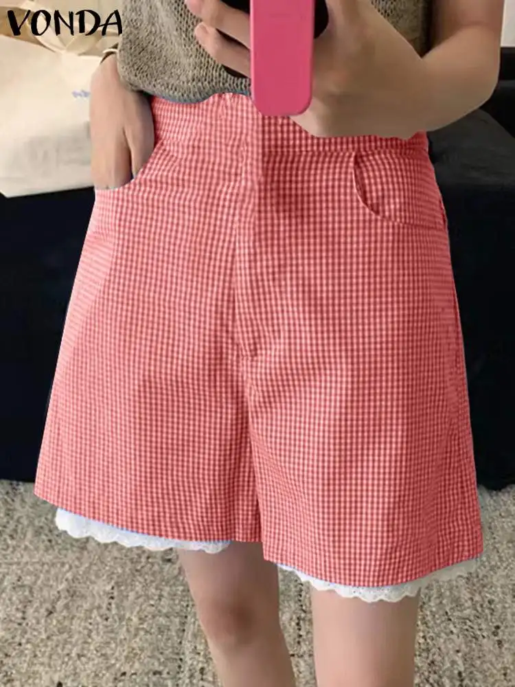 VONDA Women Plaid Shorts 2024 Fashion Casual Bohemian Holiday Summer Bottoms Party Oversized Printed Loose Lace Patchwork Shorts