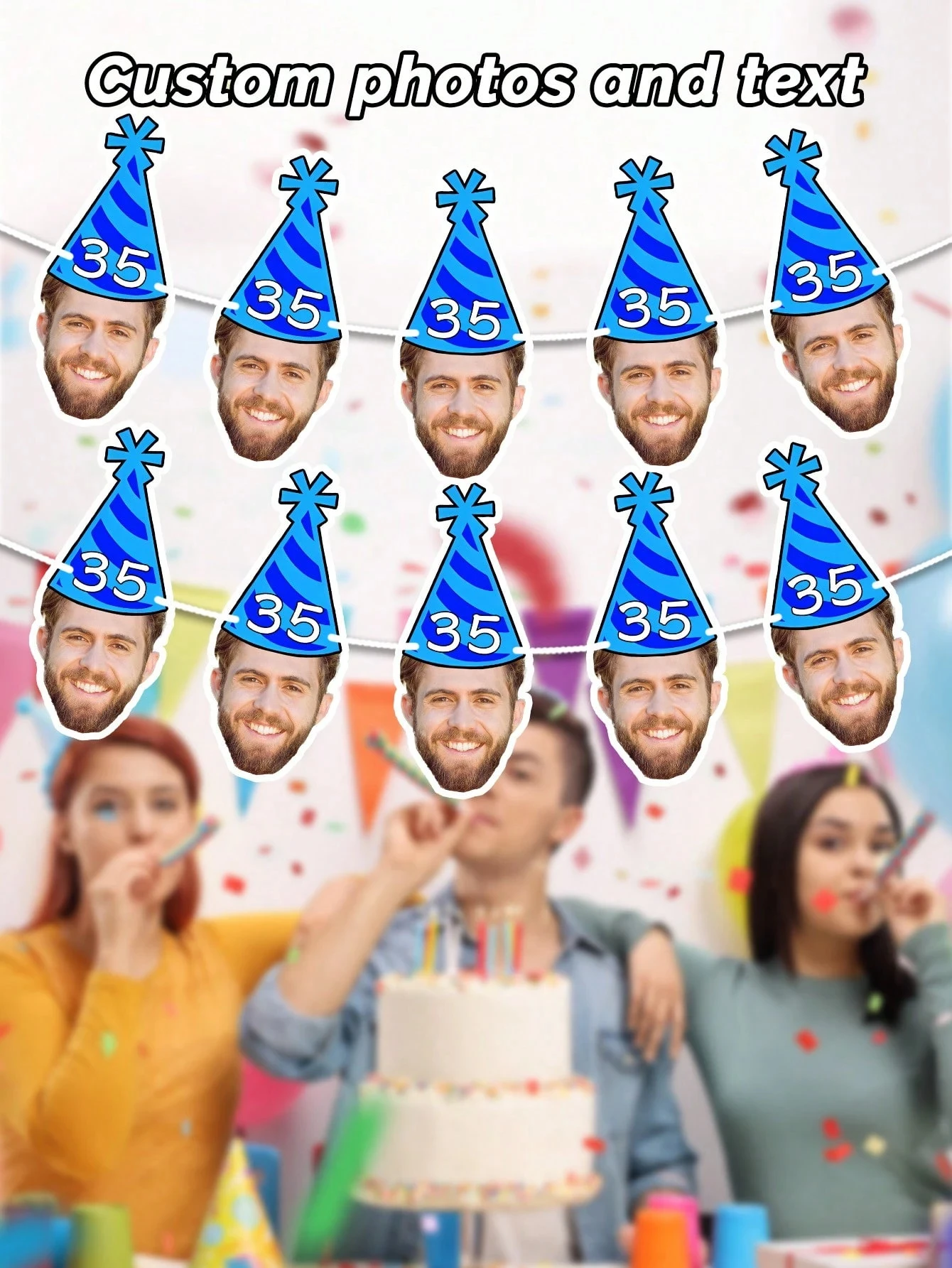 20 cm individuelles Gesichts-Geburtstagsbanner mit Foto und Alter, 21 Designs, personalisierte Party-Wimpelkette, 7/14/21/28 Teile DIY-Dekoration, kein Seil!