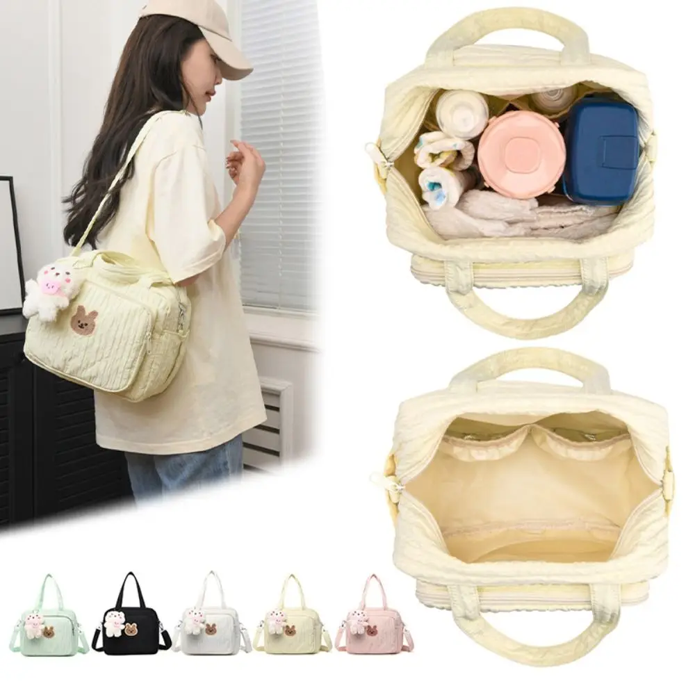 Bolsa casual de nylon para mamãe, grande capacidade com pingente, bolsa de armazenamento de fraldas, reutilizável, fofa, bolsa de ombro para mamãe
