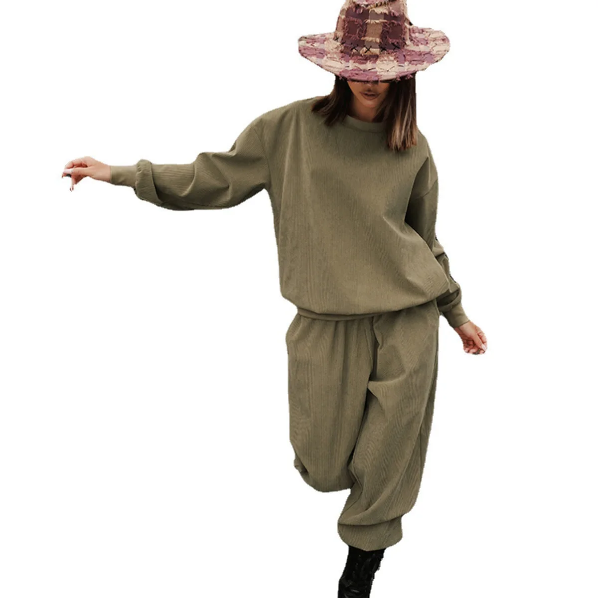 Autumn Two Pieces Women Solid Color Sets Long Sleeve Round Neck Sweater Wide Leg Jogging Tracksuit Pants Female Suits 2023