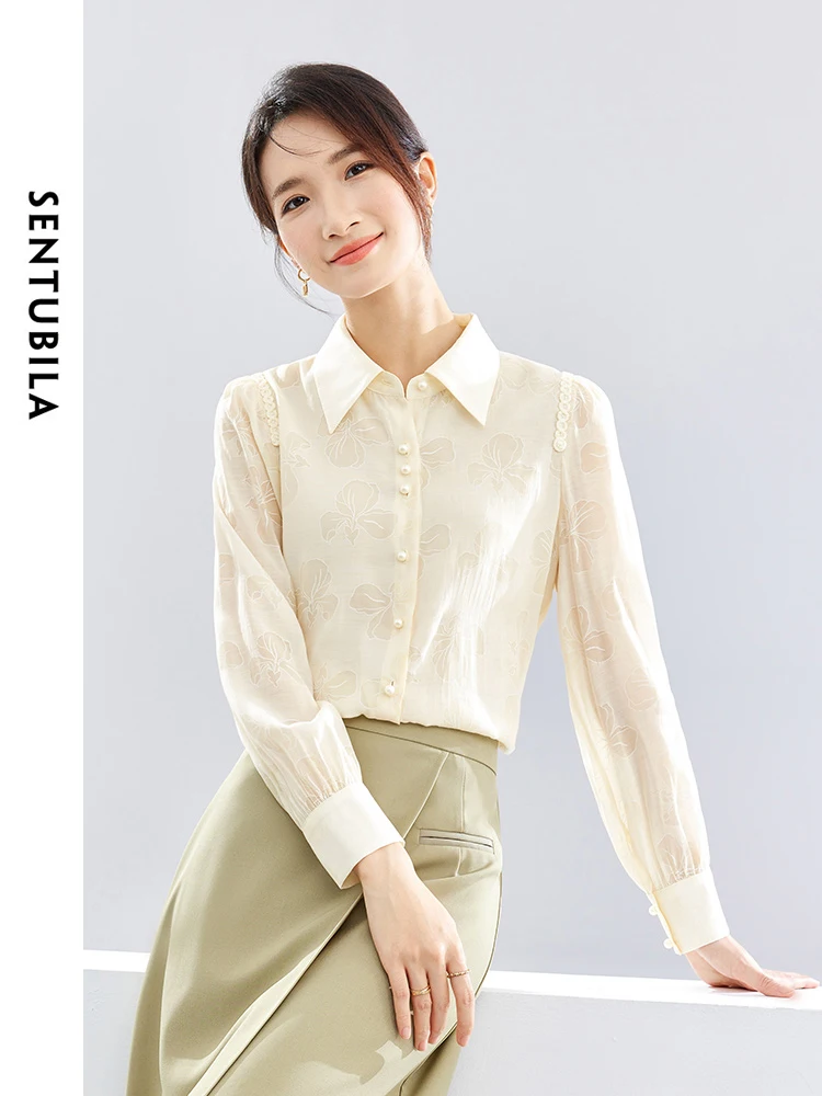 

SENTUBILA Elegant Long Sleeve Shirts for Women 2024 Spring Autumn Apricot Chiffon Jacquard Women's Tops Shirt Blouse 141C53060