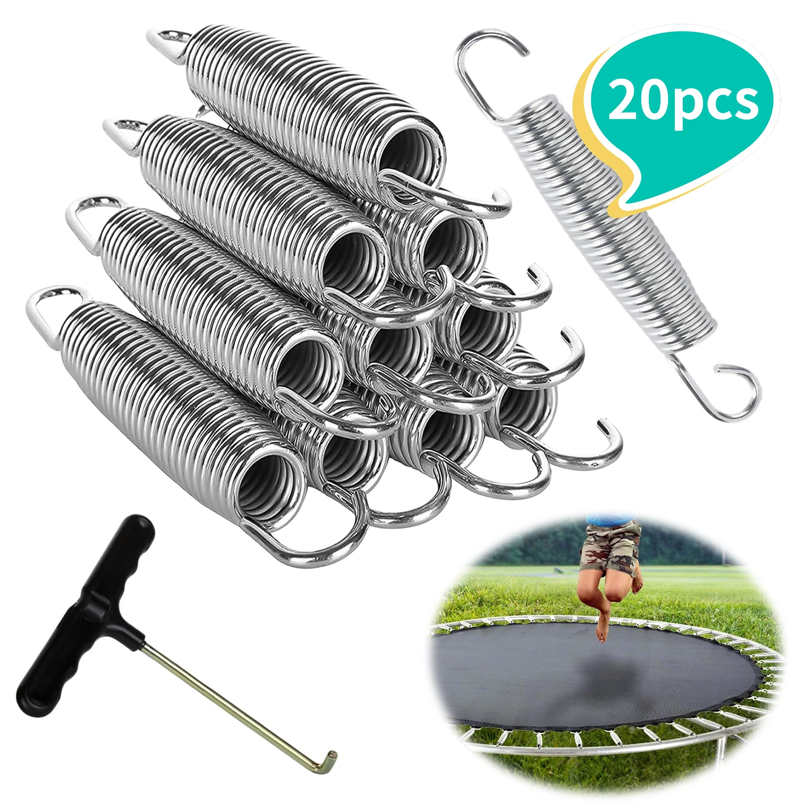 Trampoline Spring Heavy Duty Galvanized Spring Anti Oxidation and Anti Rust 20 Pieces+T-Shaped Hook