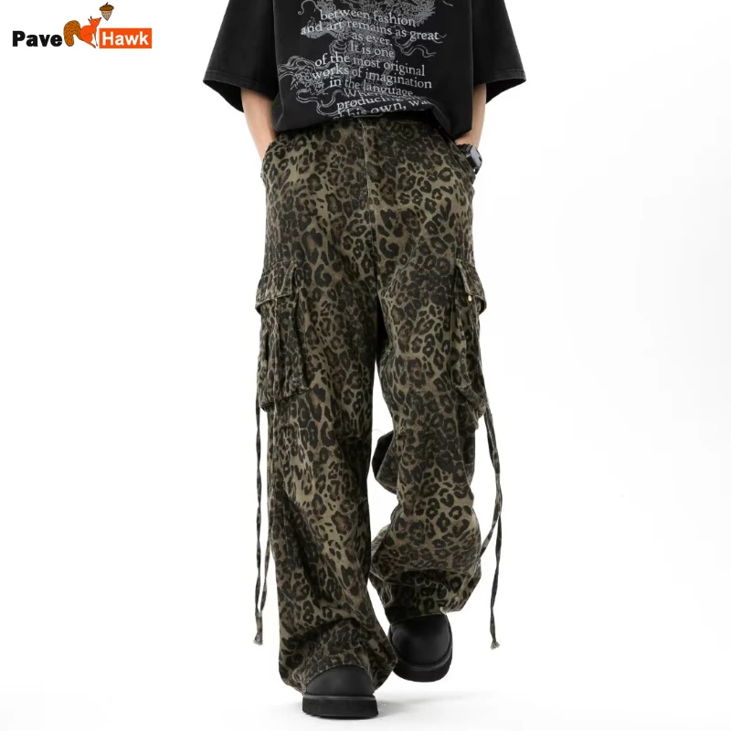 Retro Wide Leg Tooling Pants Mens American High Street Leopard Print Straight Leg Trousers 2024 Multi Pocket Drawstring Overalls