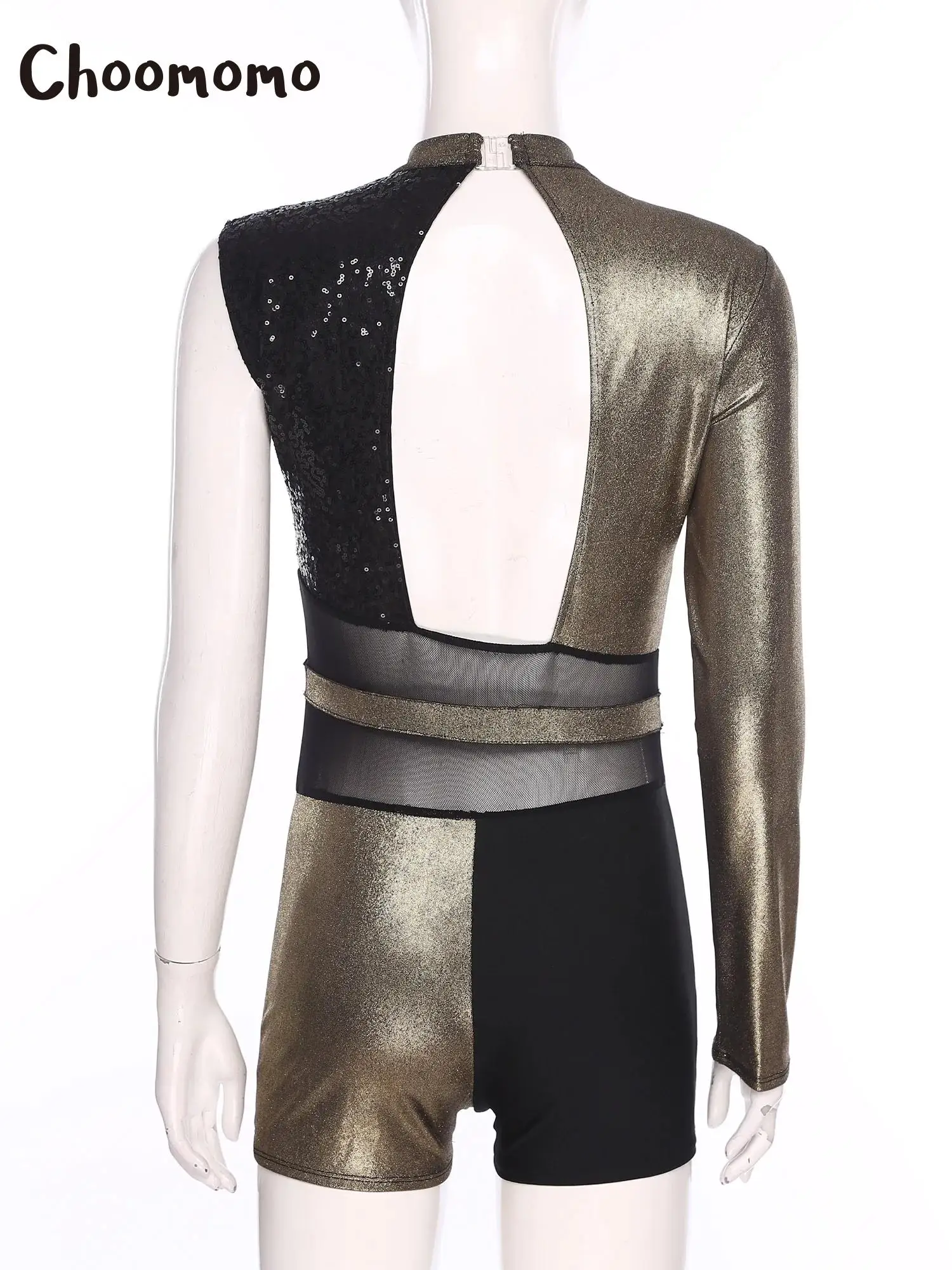 

Women Latin Dance Leotard Jazz Bodysuit Boyshort One Shoulder Sequins Metallic Shiny Tango Cha Cha Ballet Ballroom Dance Costume