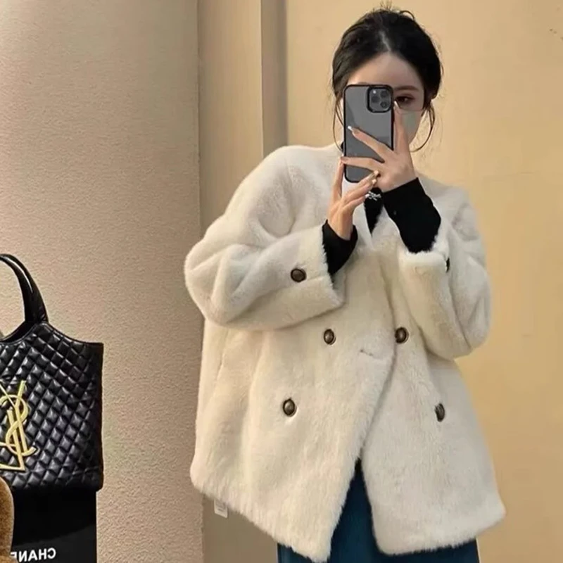 Winter High-quality Mink Short V-neck Fur One-piece Mink Plush Fur Coat for Women Jacket New Arrival