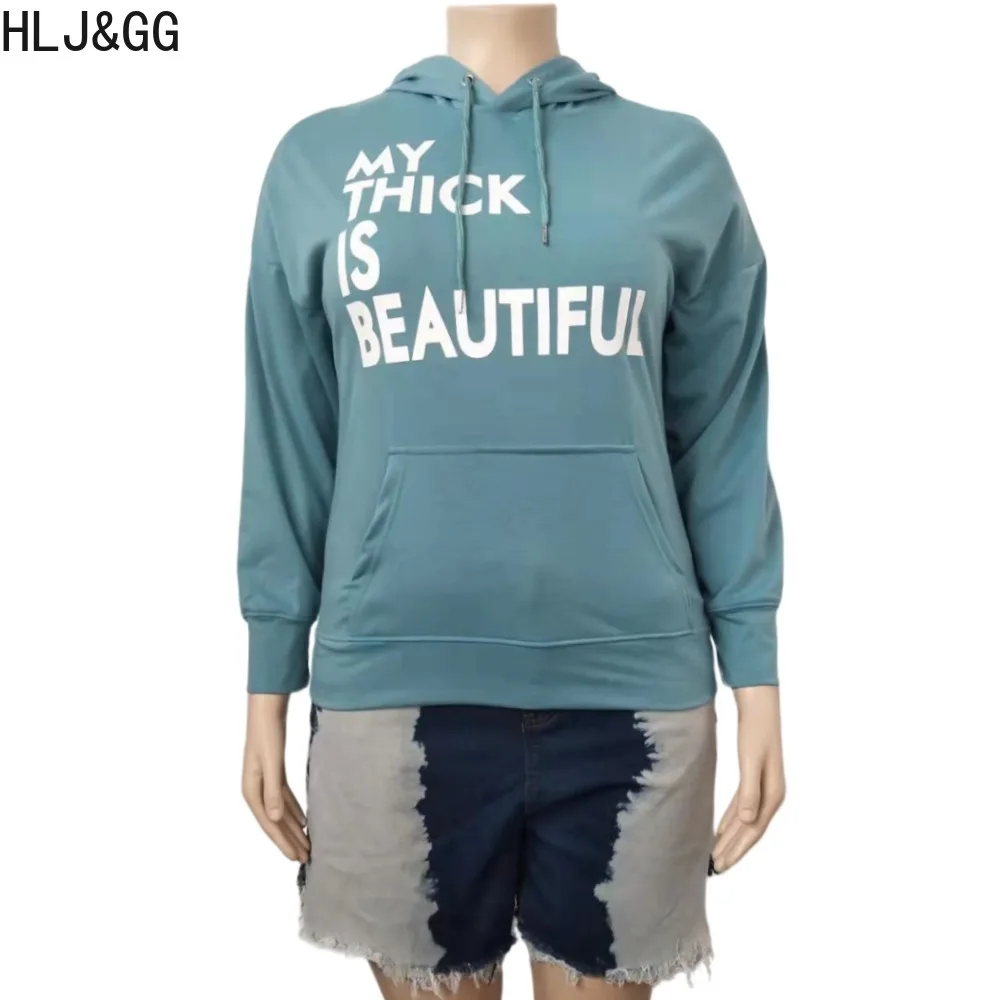 HLJ&GG Plus Size Women Letter Print Hooded Sweatshirts Women Long Sleeve Pocket Slim Tops Casual Female Matching Sporty Clothing