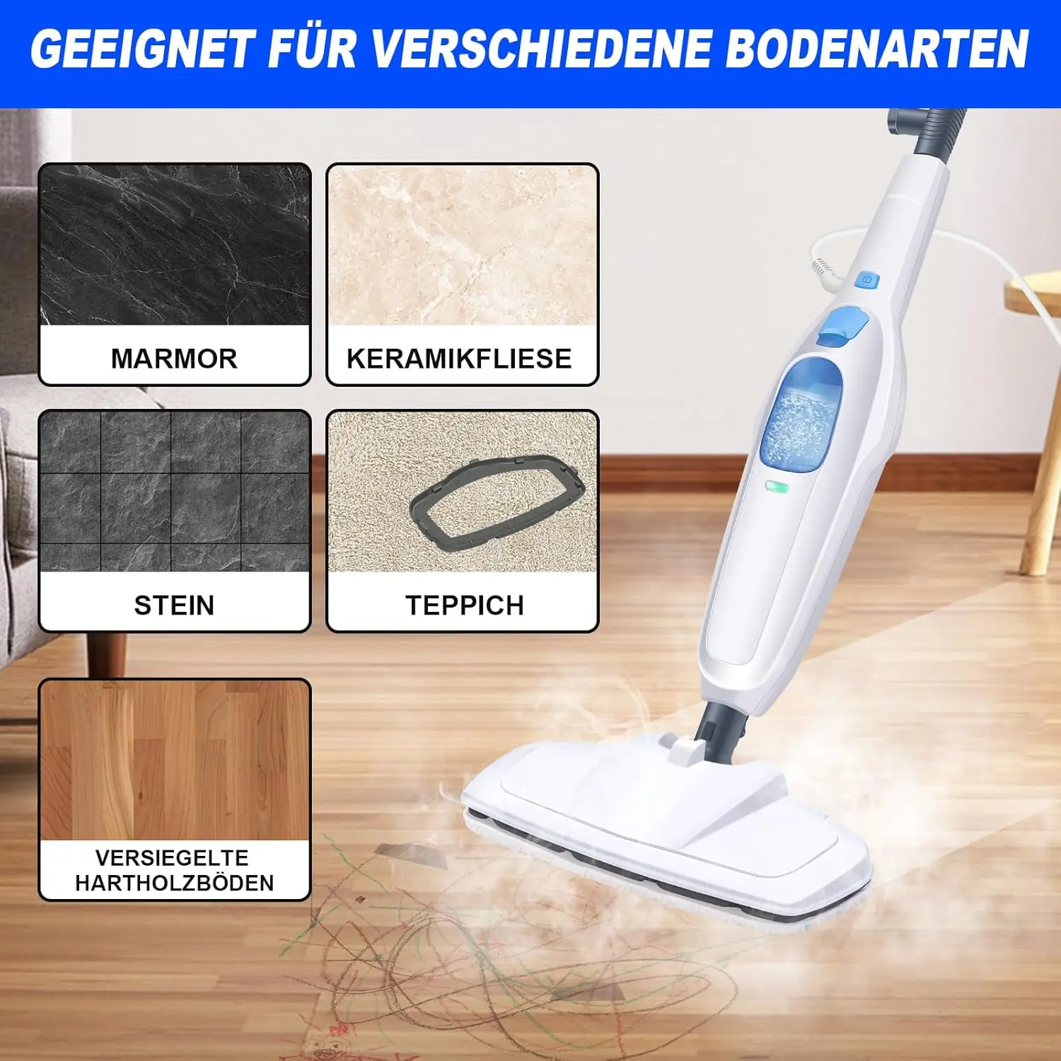 Hot Steam Cleaner 1500 W Steam Mop Multifunctional Cleaner Steam Mop Floor Steam Cleaner with 4.8 m Cable, 2 Floor Cloths, Water