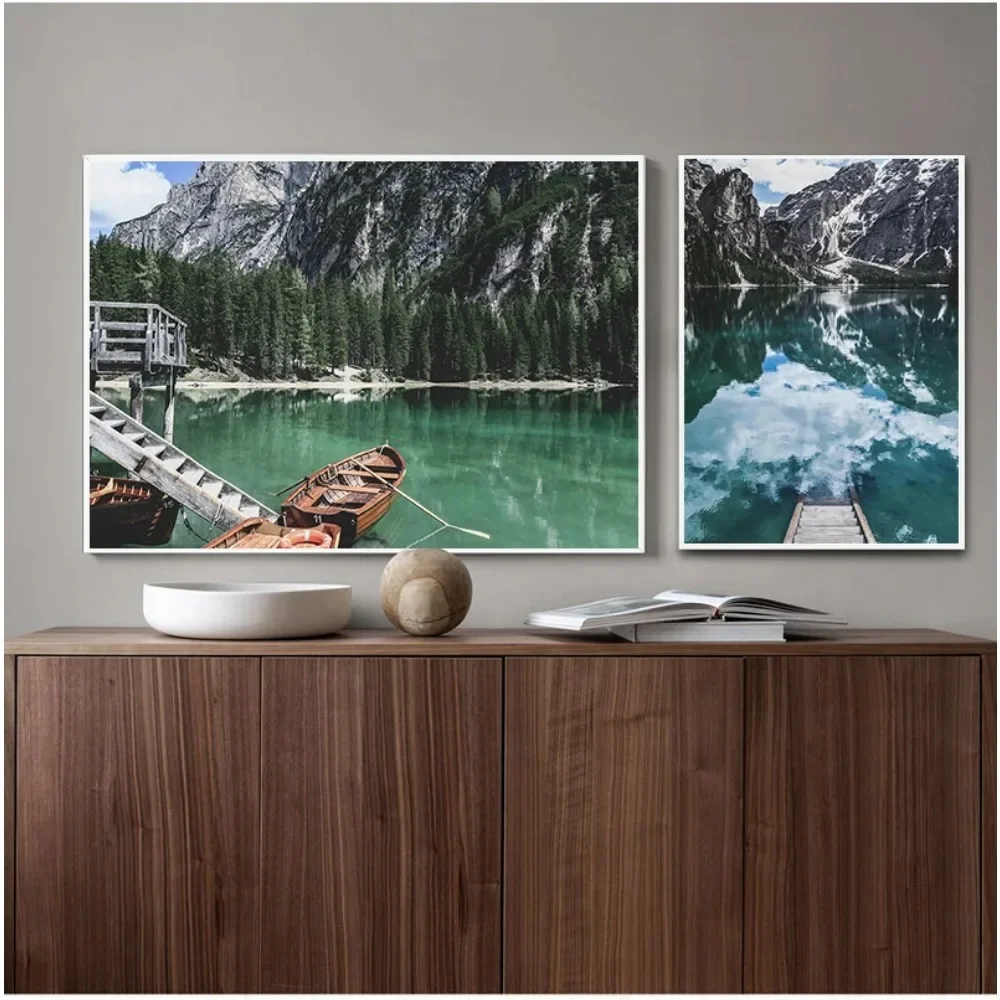 Mountain Lake Print Lago Di Braies Wall Art Minimalist Print Canvas Painting Posters for Living Room Modern Home Decor