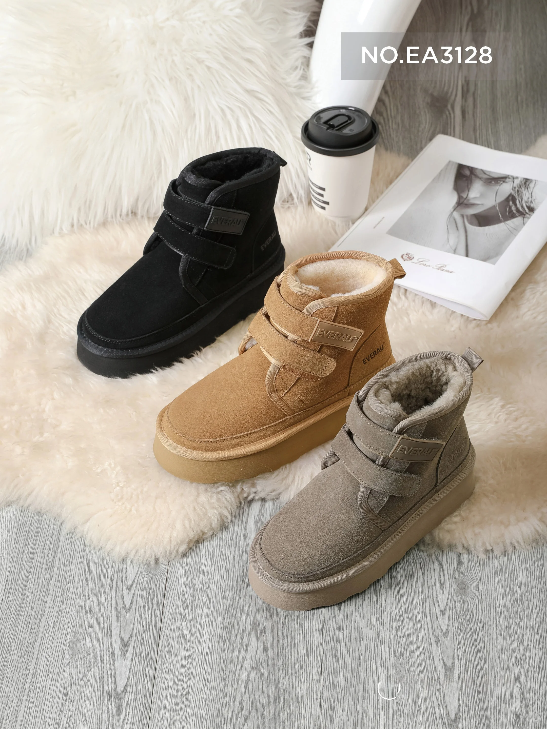 Botas de invierno con forro de piel y suela gruesa Everau, zapatos de algodón para mujer, botas cortas con cinta mágica, plat...