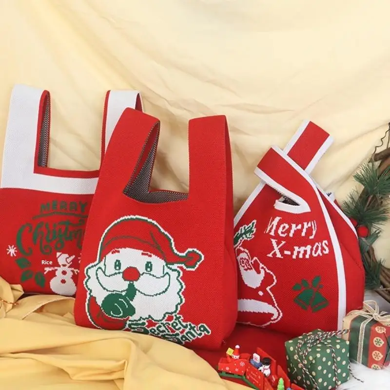 أكياس تخزين عيد الميلاد عقدة حقيبة يد المعصم سانتا كلوز ثلج الأيائل متماسكة حقائب اليد عادية حمل حقيبة أكياس التسوق القابلة لإعادة الاستخدام