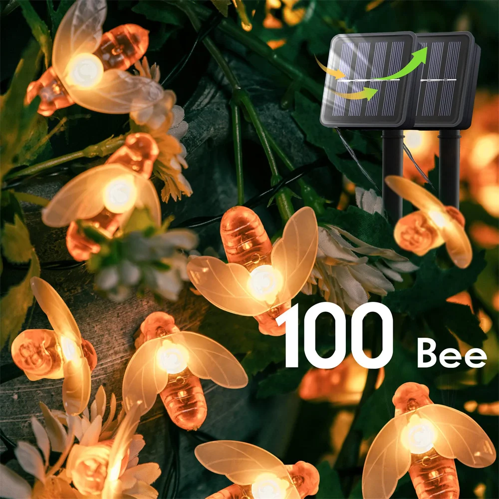 

100LED Solar Bee String Lamp Outdoor Fairy Light Tree Chritmas Garland 8 Modes Waterproof Patio Garden Party Decor