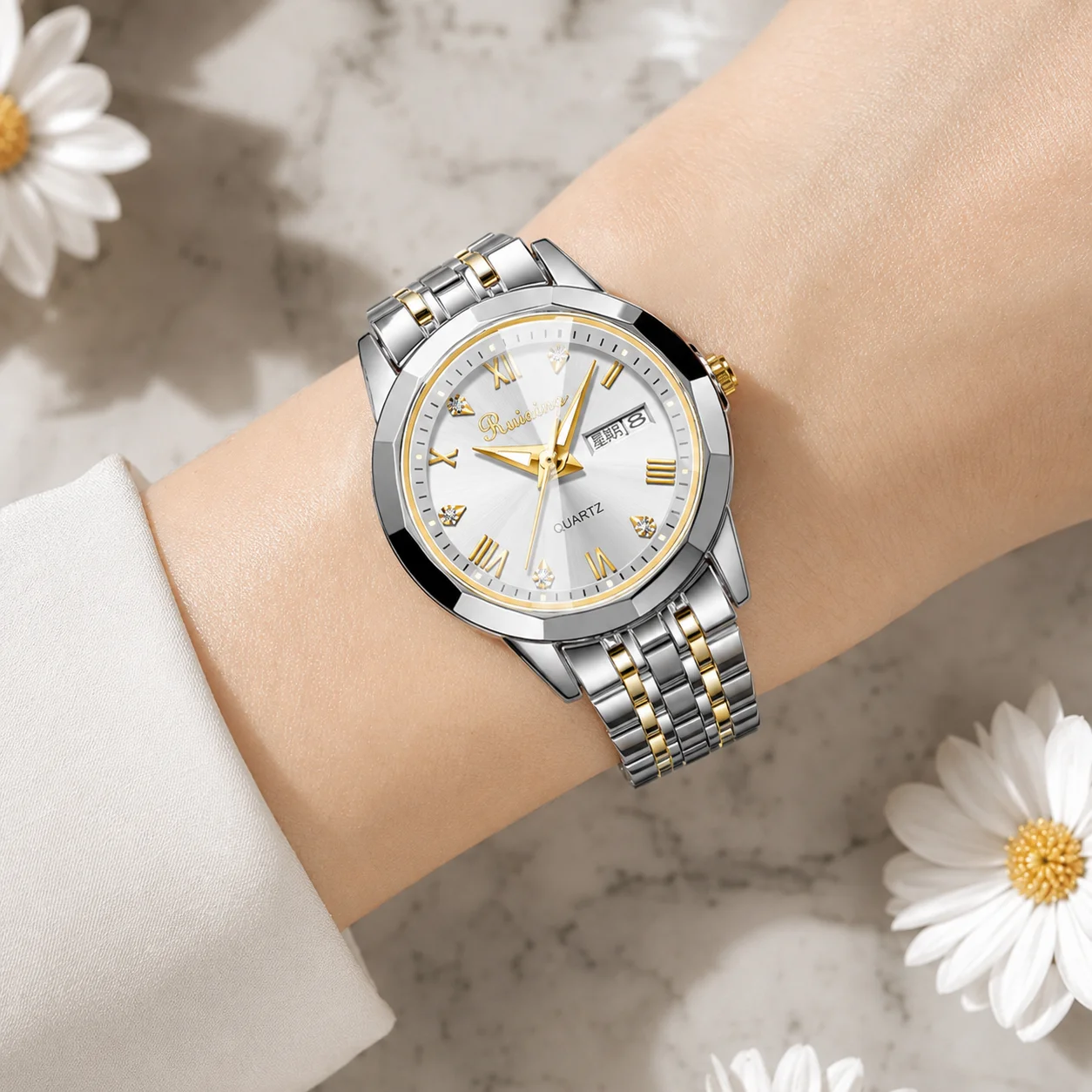 RUIXINE Fashion Ladies Dual Calendar Quartz Watch Stainless Steel Crystal Dial Women Bracelet Watch Reloj Mujer