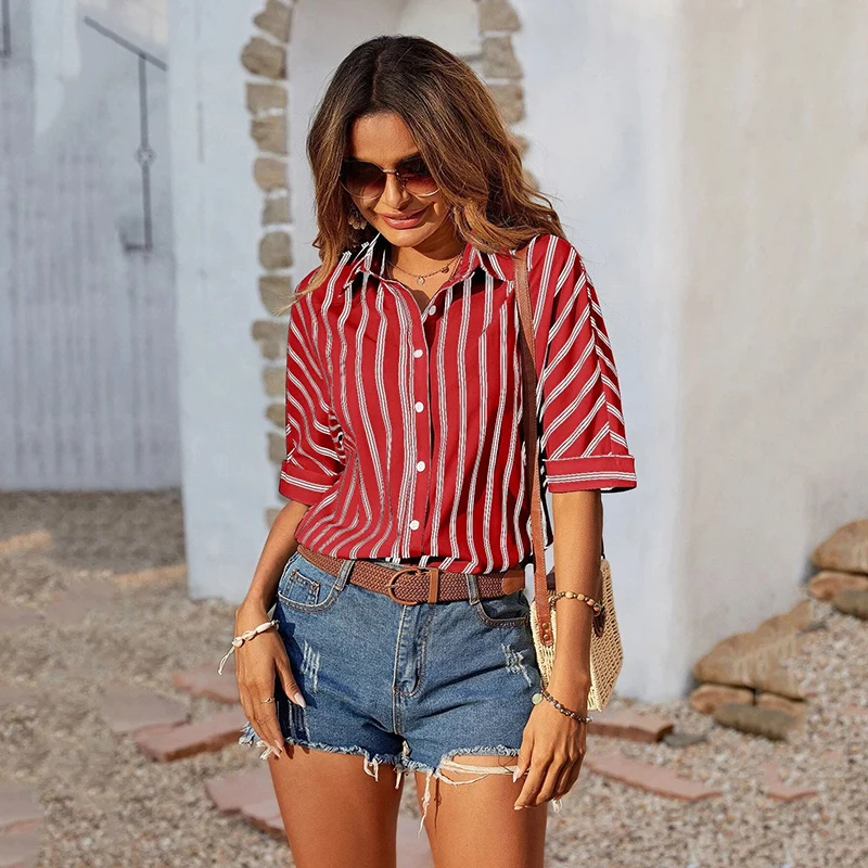 

Women Summer Striped Shirt Print Off Shoulder Blouse Short Sleeve Casual Shirt with Single Row Buttons