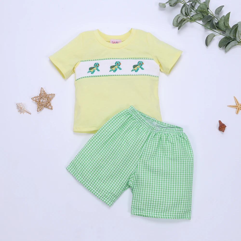 Boutique Hand Smock Baby Short Sleeved T-shirt Round Neck Turtle Pattern Boy Top Clothes Shorts Set Gril Romper Kid Clothes