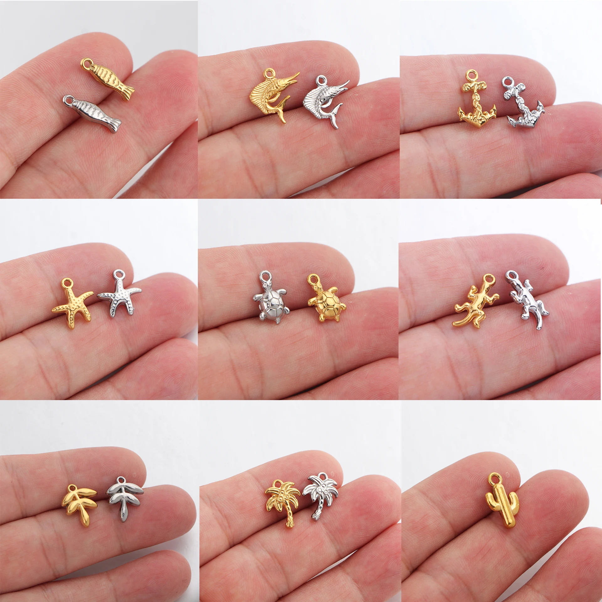 

10pcs/lot Stainless Steel Turtle Starfish Fish Tropical Tree Anchor Tortoise Pepper Charms Mini Pendants for DIY Jewelry Making