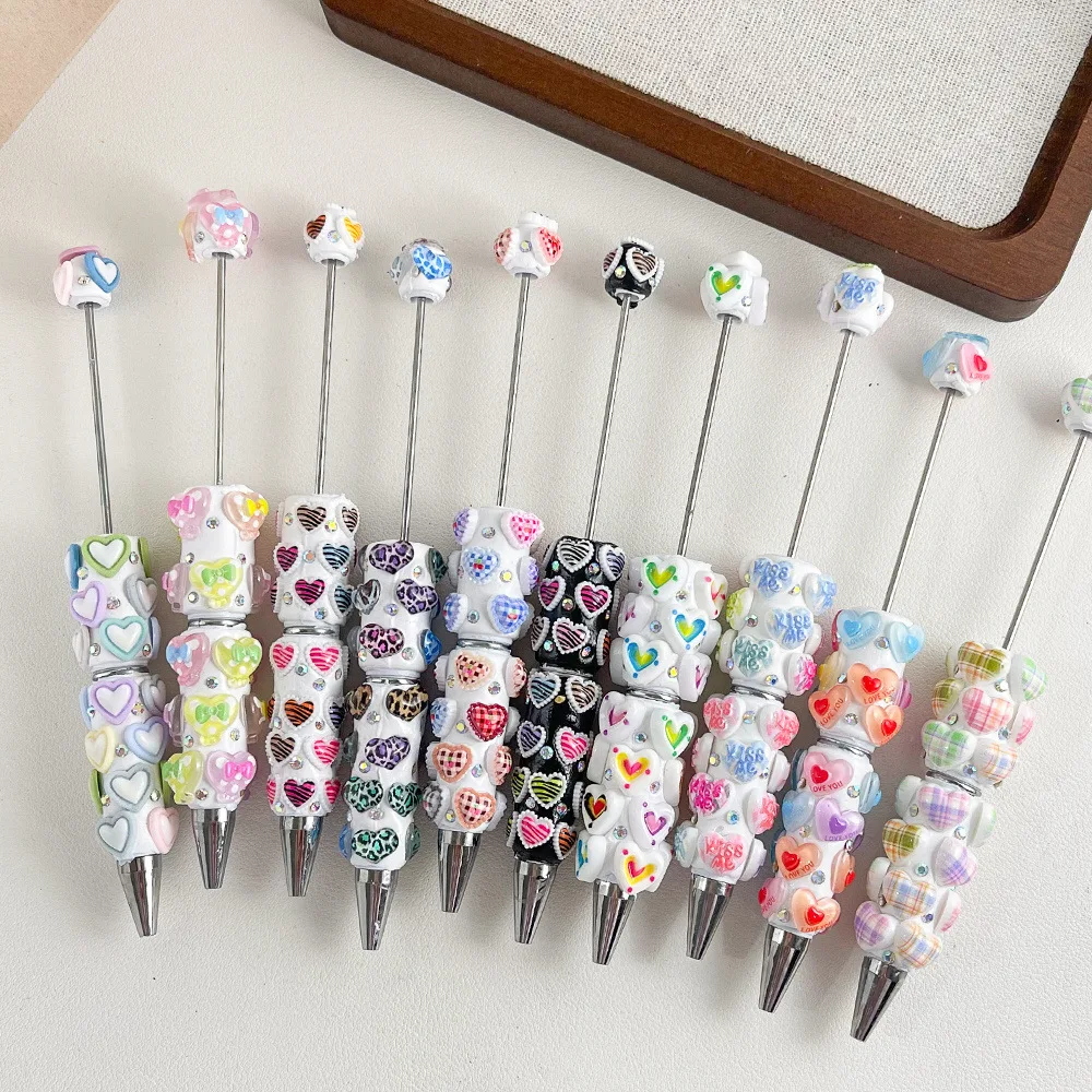 50Pcs Colorful Heart-shaped Bead Pens DIY Clay Macaron Bead Ballpoint Pens Wedding Favors School Office Stationery Supplies
