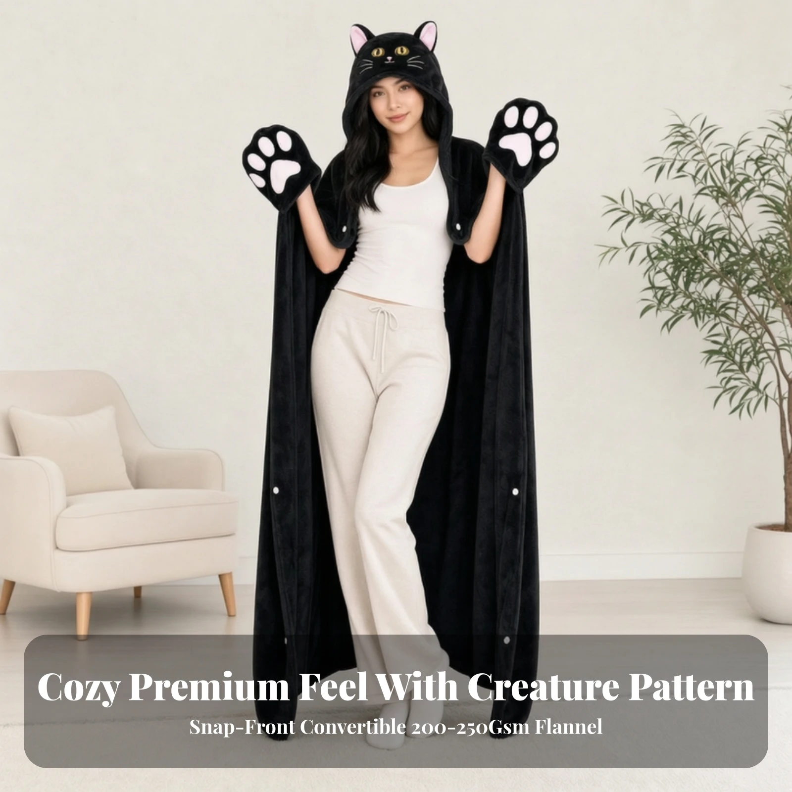 Cape Blanket with Hood Cat-Themed Wearable Blanket with Hood Cozy Gender-Neutral for Teens, Lounging, Naps