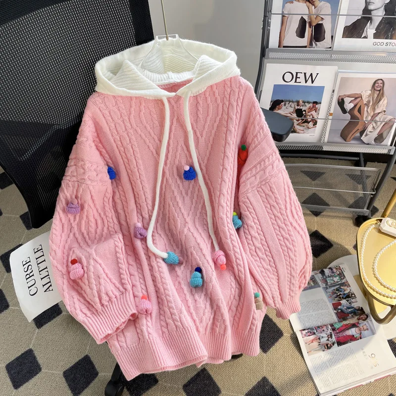 

Hsa Christmas Element Hooded Pink Sweater Coat Women's 2023 Autumn/Winter New Super Beautiful Western Style Pink Sweaters