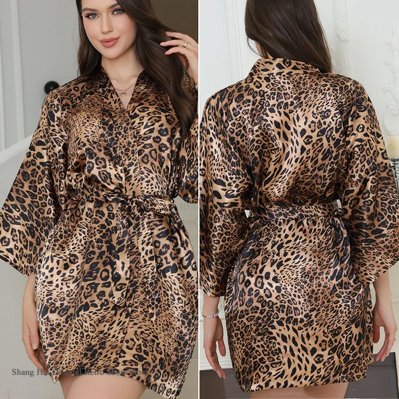 

Sexy Leopard Robe Women's Sleepwear Nightgown Silky Satin Half Sleeve Kimono Gown Bathrobe Lounge Wear Casual Home Dress Pajama