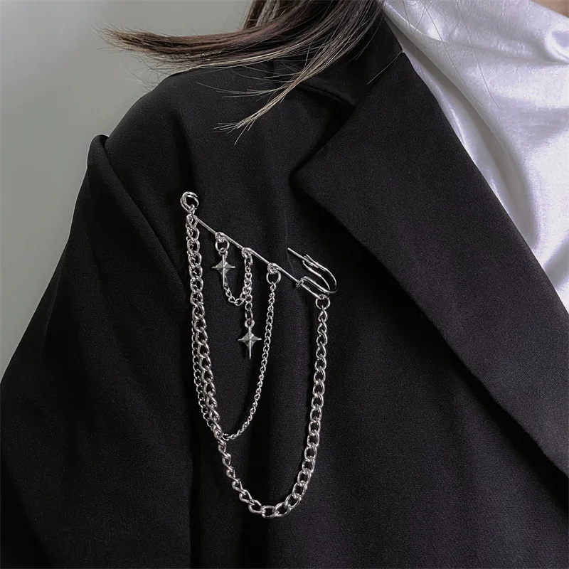 Metal Chain Star Pendant Brooch For Women Men Suit Decoration Tassel Chain Metal Pin Cloth Jewelry Accessories Fashion Pins