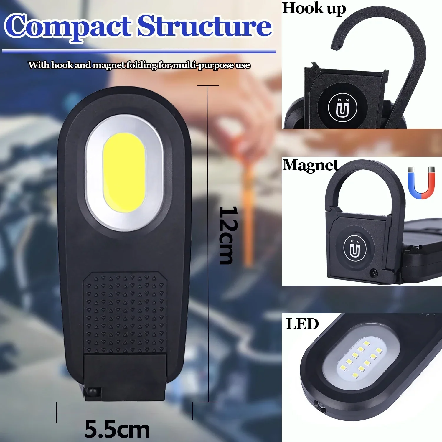 COB LED Work Light Portable Flashlight Auto Repair Lights Torch Lantern with Tail Magnet Hook